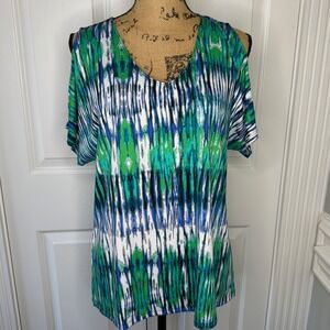 Vintage Passports Pier 1 Cold Shoulder V Neck Tie Dye Tunic Top Women's M EUC